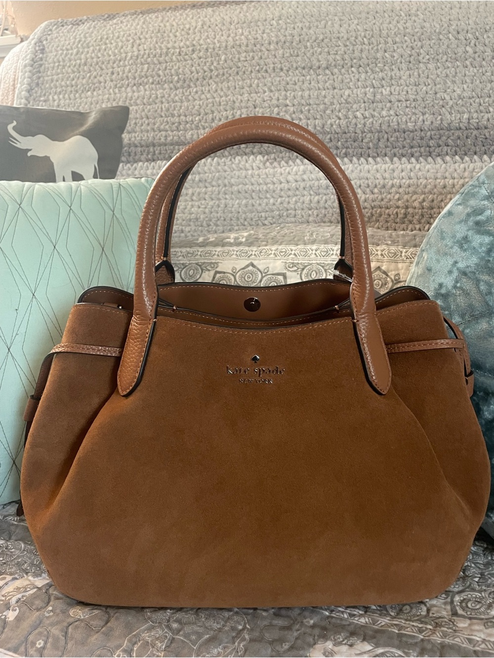 Kate Spade Large Suede Dumpling Satchel Bag w/ Removable Strap